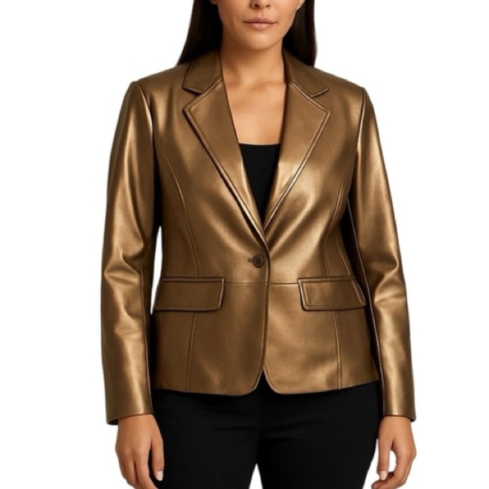 Tribal Women Gold Leather Jacket sz 10 Pockets Single Button Preppy Notch Collar